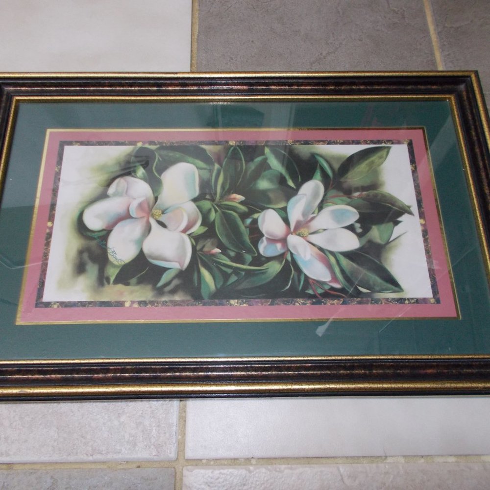 EUC, Beautiful floral print signed, matted & framed in wood frame, 22.5"x14.5" - Picture 5 of 6